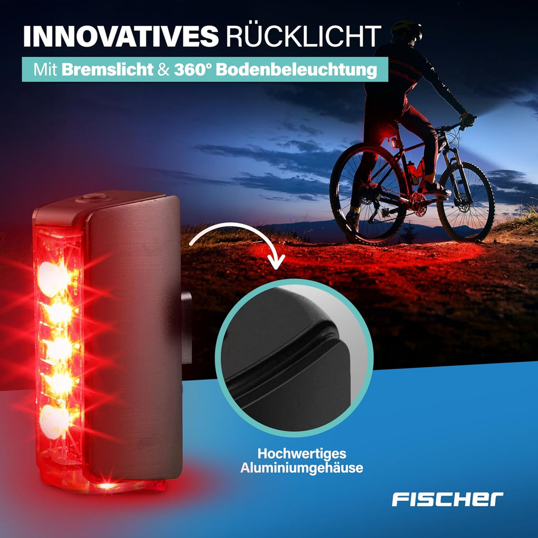 FISCHER Fahrrad LED-Akku Beleuchtungs-Set Twin Stop 100 Lux, mit Sensormodus, Lange Leuchtdauer, sta