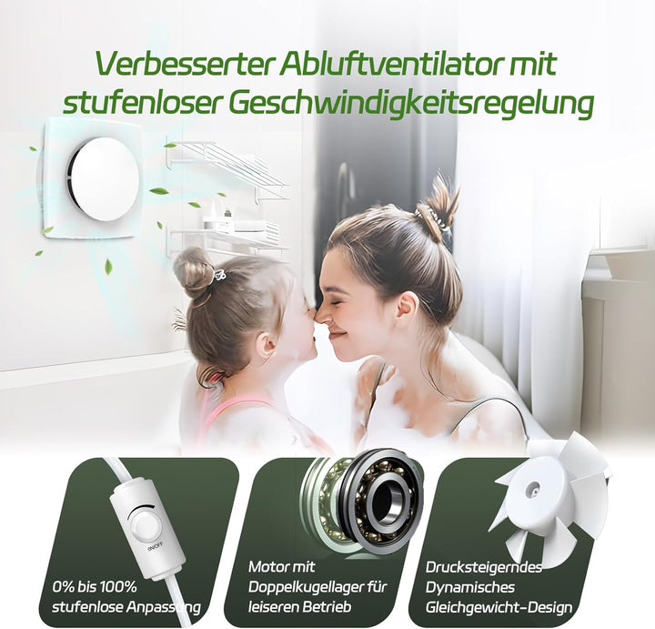Badlüfter Fan mit Stufenlosem Schalter, Leiser WC Lüfter 28dB, Starker Lüftung IPX4 Bad Lüfter, Ablu