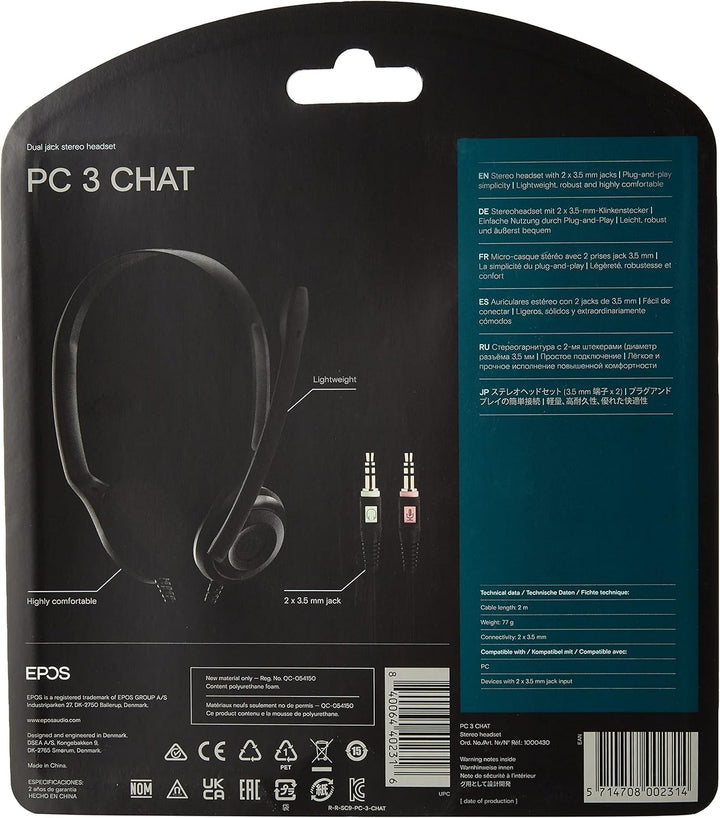 Sennheiser PC 3 Chat Headset – Plug- & Play-Lösung, Noise Cancelling-Mikrofon, schwarz Single, Singl