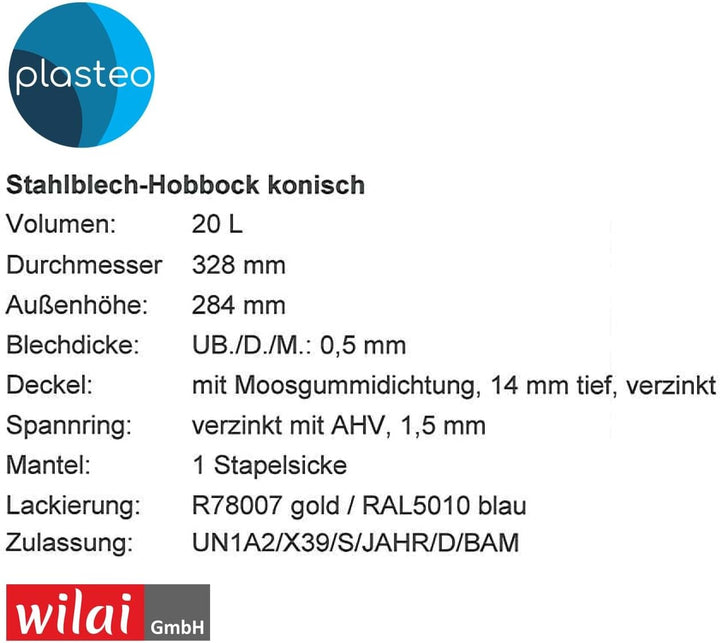 plasteo® 20 Liter Stahlfass Hobbock Deckelfass | Zyklon Absaugung Geeignet | UN-Zulassung | Made in