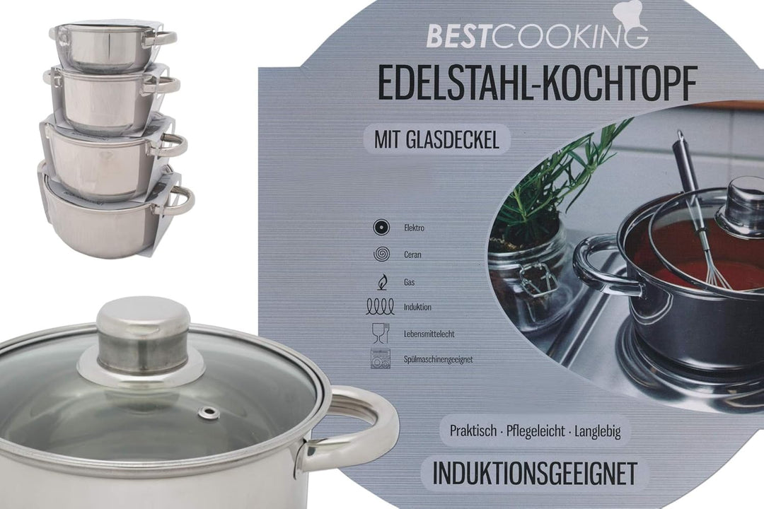 Kochtopf Edelstahl mit Glasdeckel 1 L 14 cm Topf Kochen