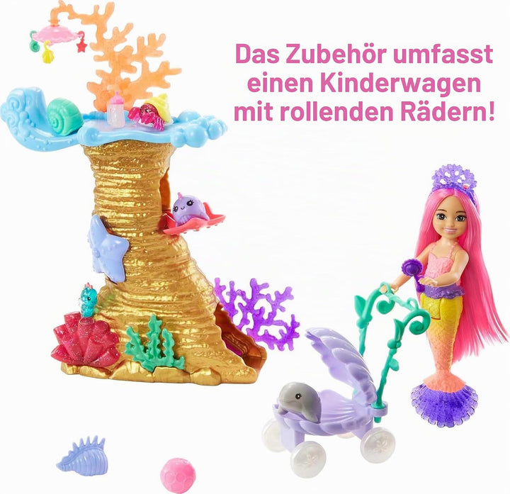 Barbie HHG58 - Meerjungfrauen Power Chelsea Meerjungfrau Puppe (Pinke Haare) Spielset mit 4 Haustier