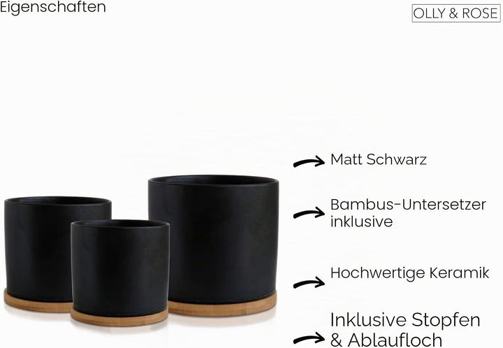 Olly & Rose Mattschwarzes Set mit 3 Keramik-Blumentöpfen mit Bambus-Untersetzern für den Innenbereic