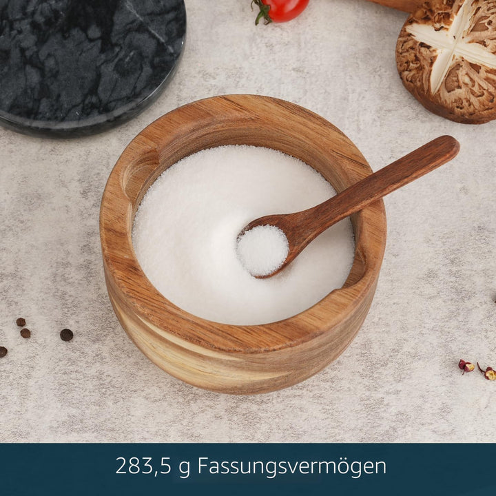 KITCHENDAO Grosse Holz-Salzbox mit integriertem Servierlöffel, Salzkeller, Gewürzbehälter, schwarzer