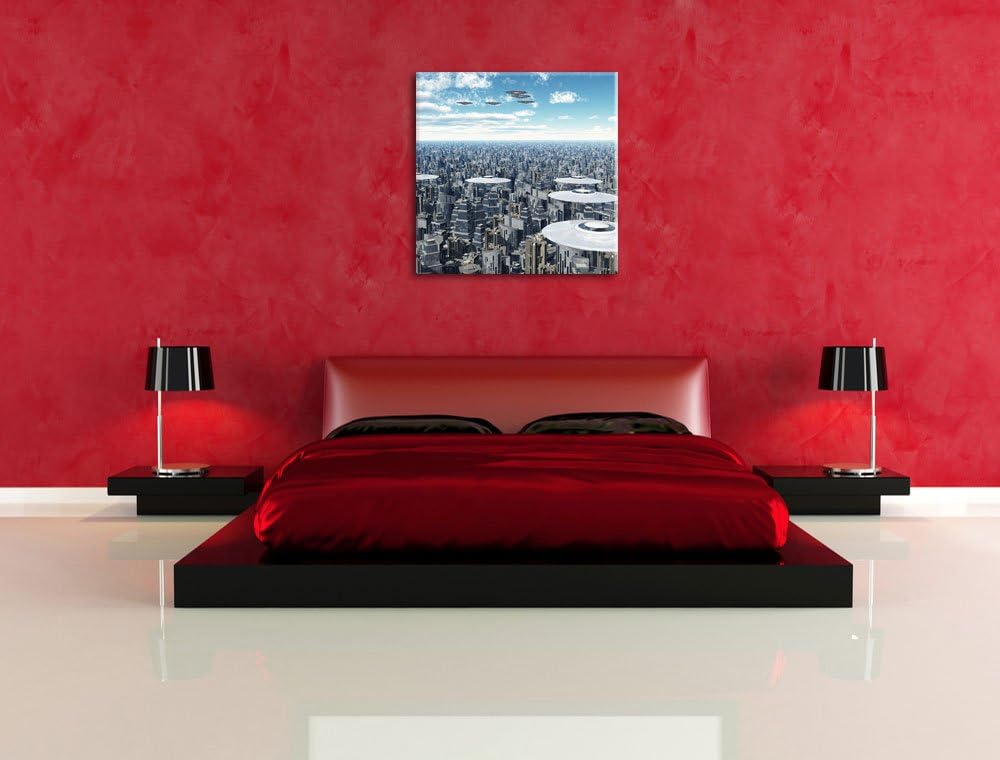 Ufo´s über der Stadt, Format: 70x70 auf Leinwand, XXL riesige Bilder fertig gerahmt mit Keilrahmen,