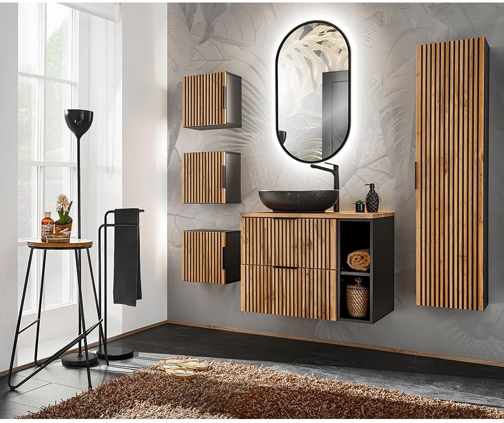 Lomadox Waschtischunterschrank 60 cm Unterschrank mit Waschtischplatte für Aufsatzwaschbecken anthra