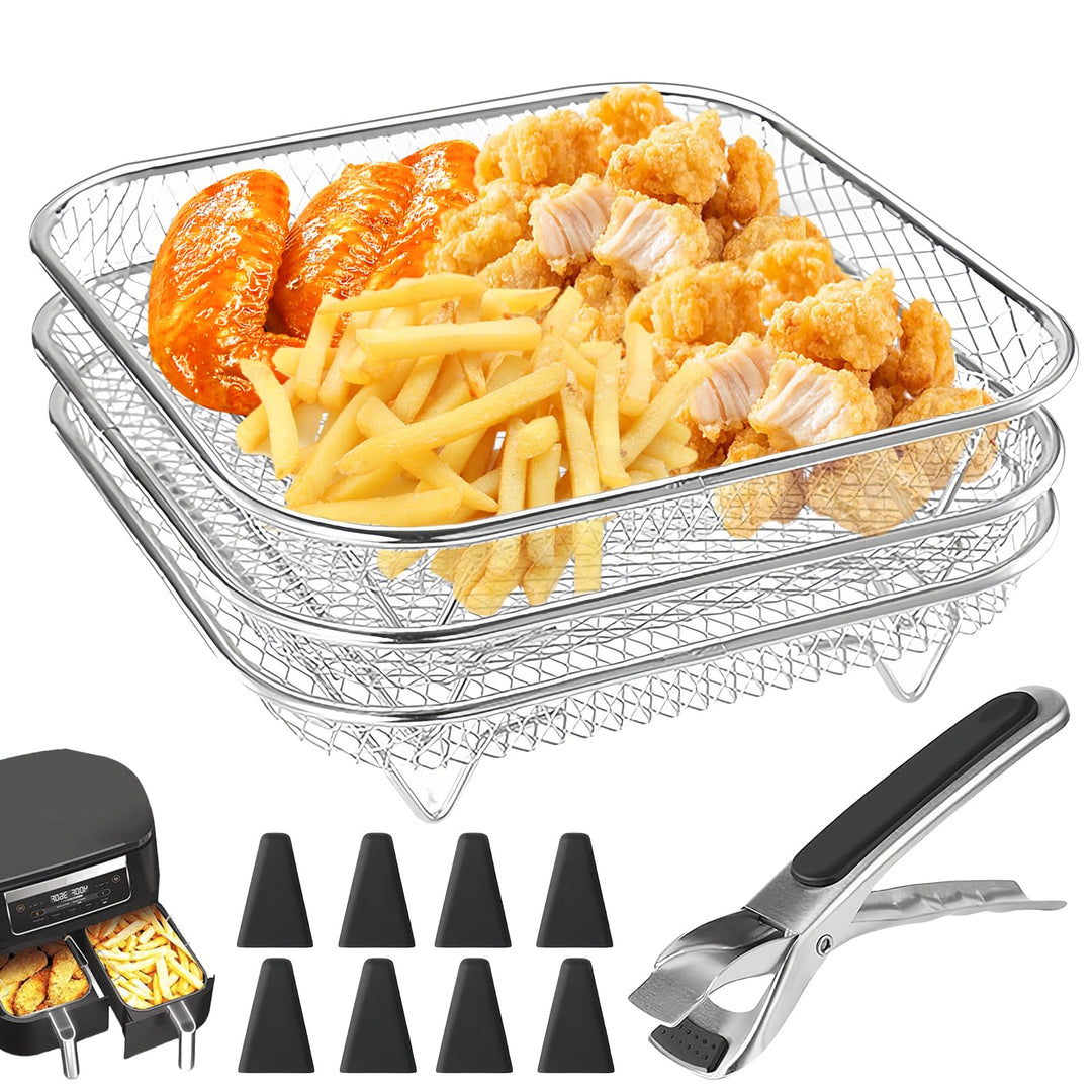 3 Stück Körbe Gitter für Heissluftfritteuse: 304 Edelstahl Air Fryer Racks mit 8 Silikonfüssen, Fryt
