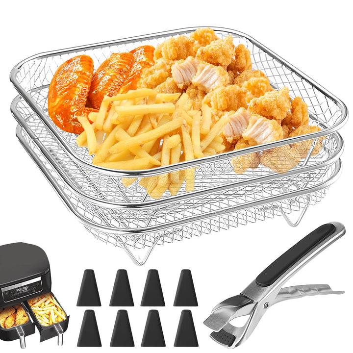 3 Stück Körbe Gitter für Heissluftfritteuse: 304 Edelstahl Air Fryer Racks mit 8 Silikonfüssen, Fryt