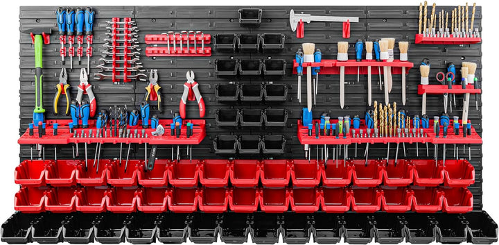 Lagersystem Werkstattregal | 156 x 78 cm | 62 stck. Box | Wandregal mit Werkzeughalterungen und Stap