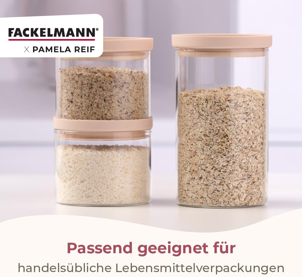 FACKELMANN x Pamela Reif Vorratsbehälter aus Glas – 4 Stück, 1000 ml, transparent mit pastellbeigem
