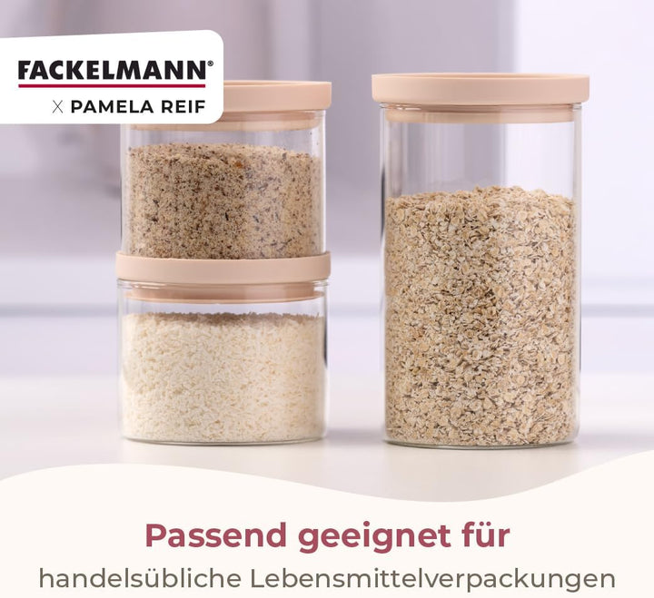 FACKELMANN x Pamela Reif Vorratsbehälter aus Glas – 4 Stück, 1000 ml, transparent mit pastellbeigem