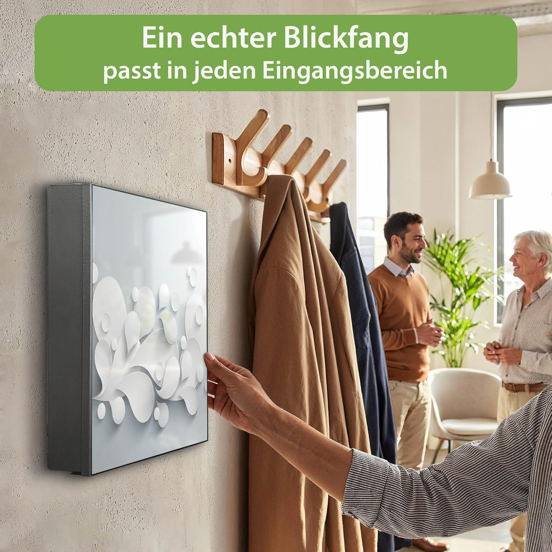 banjado® Grosser Schlüsselkasten aus Glas - Schlüsselbox 30cm x 30cm mit 50 Haken - Motiv Papiertrop