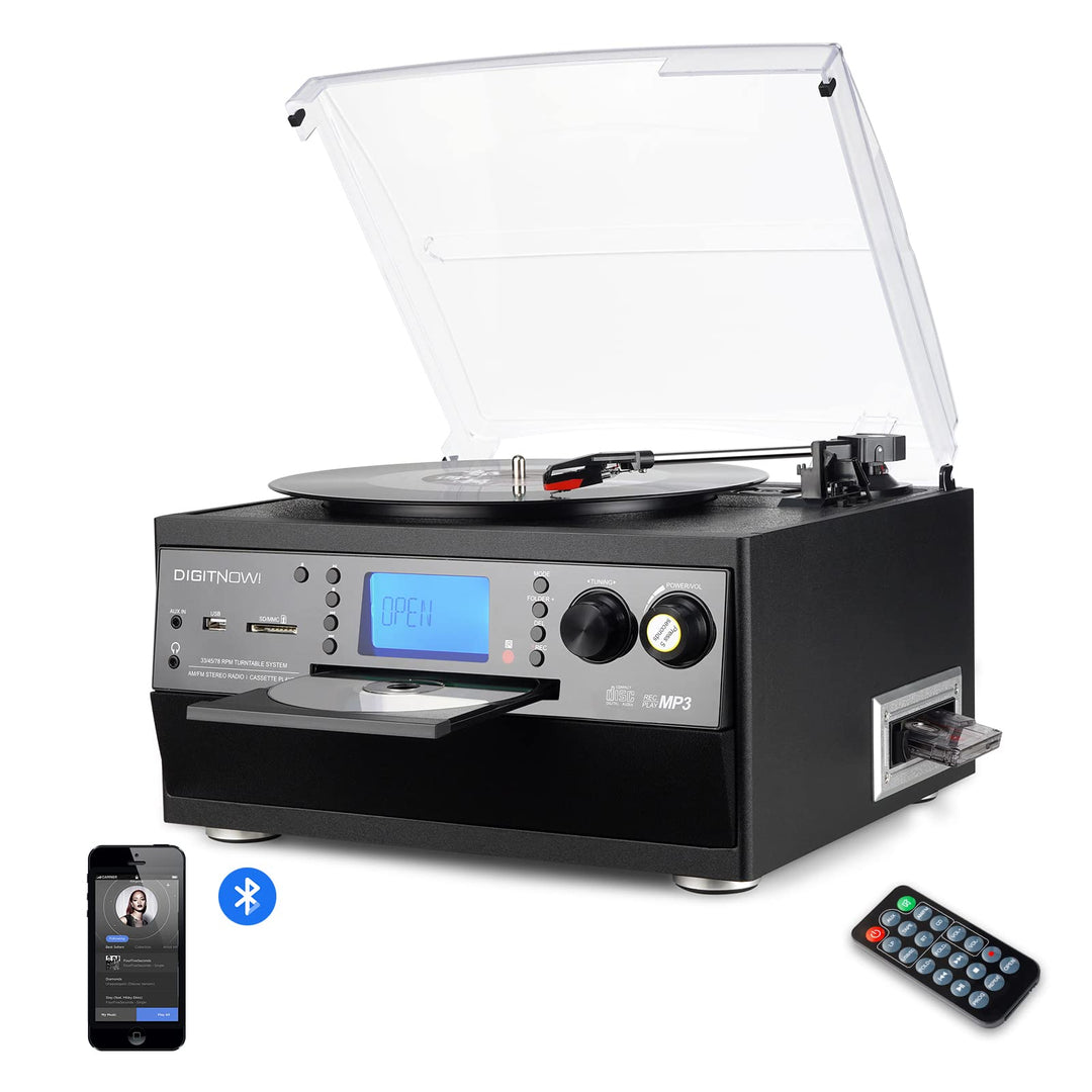 Bluetooth Plattenspieler mit Stereo Lautsprecher, LP Vinyl zu MP3 Konverter, 3 Geschwindigkeit Schal