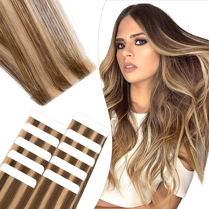Elailite Tape Extensions Echthaar #4P27 Mittelbraun/Honigblond, 10 Stück Unsichtbar Kleber Haarverlä