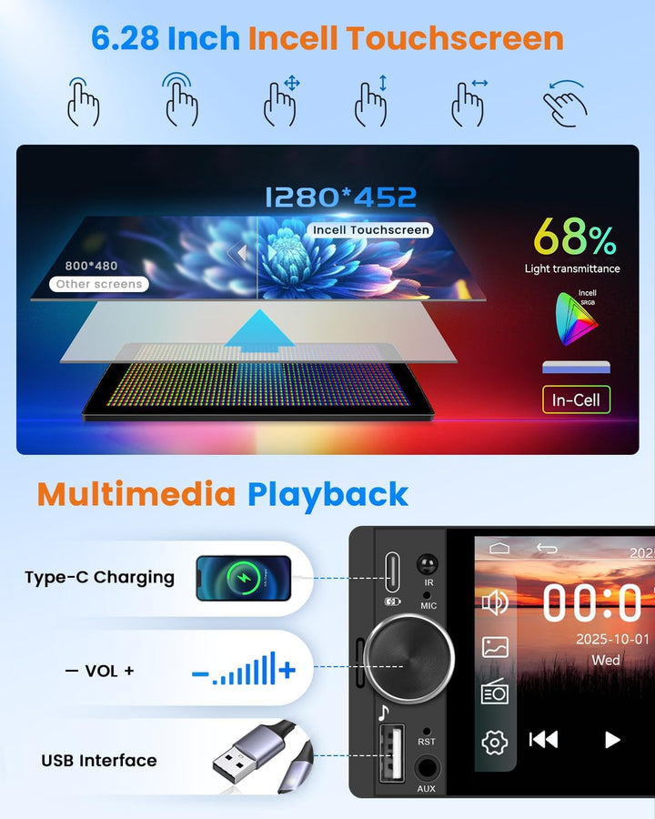 Hikity 1 DIN Autoradio mit Bluetooth CarPlay Android Auto, 6,28 Zoll Touchscreen-Player Stereo Auto