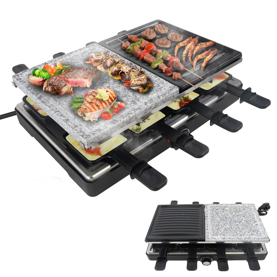 Froadp Raclette Grill mit Naturgrillstein und Grillplatte Antihaftbeschichtung Tischgrill Elektrisch