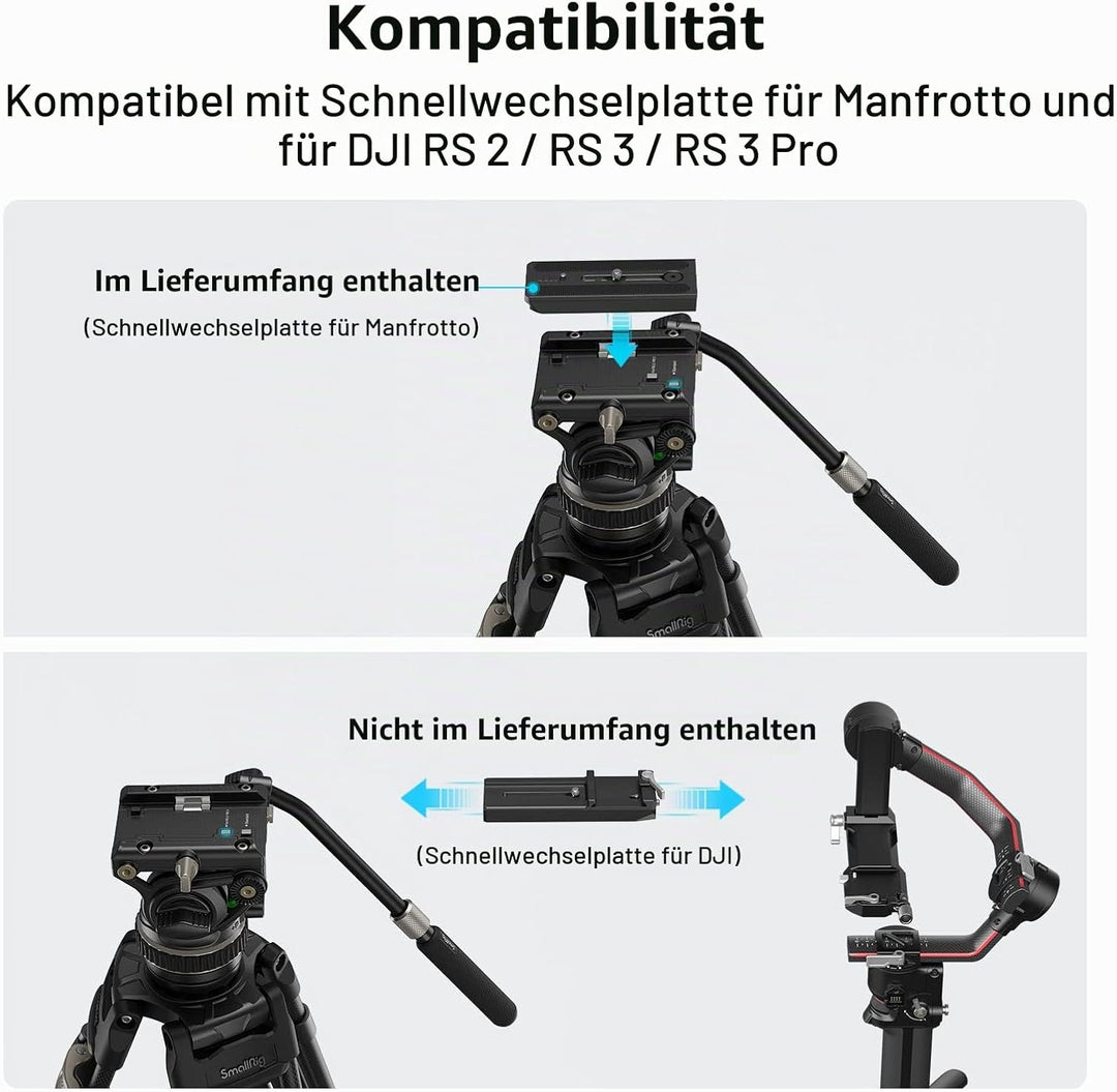 SmallRig Stativ Fluid Videokopf, mit Schnellwechselplatte für Manfrotto und für DJI RS 2 / RS 3 / RS