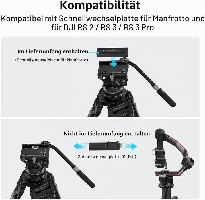 SmallRig Stativ Fluid Videokopf, mit Schnellwechselplatte für Manfrotto und für DJI RS 2 / RS 3 / RS