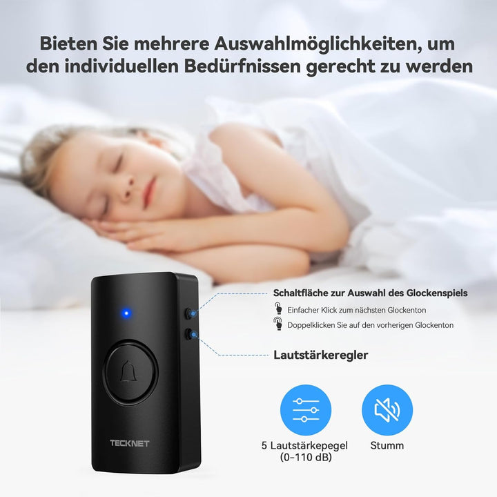 TECKNET Funkklingel, Batteriebetriebene Türklingel mit 4 Empfängern & 2 Sendern, Haustür Klingel Set