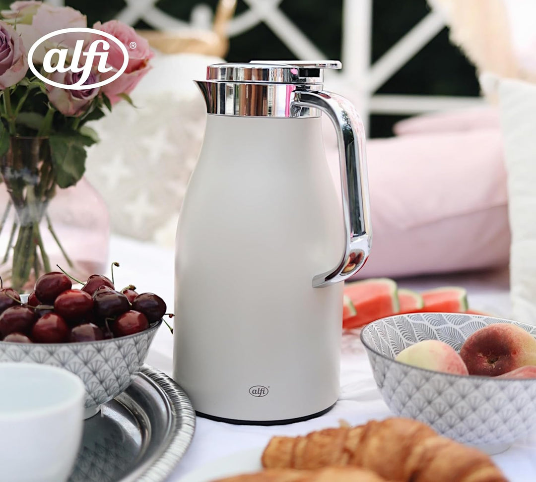 alfi SKYLINE 1,0l, coconut white mat, Edelstahl-Isolierkanne mit hygienischem Hartglaseinsatz, Drehv