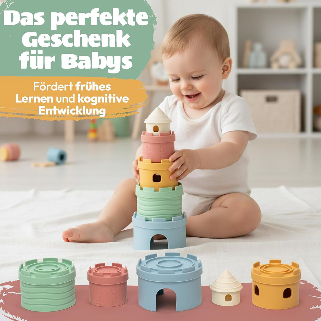 Stapelbecher Baby Silikon Montessori Spielzeug 3 in 1 – Stapelturm, Beissring & Badespielzeug | Sens