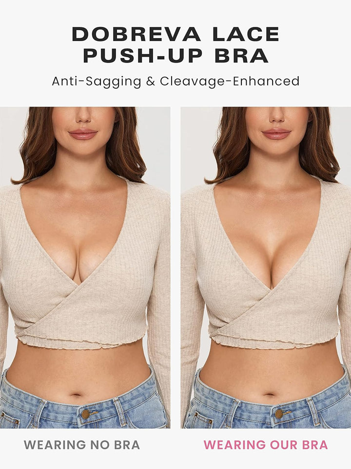 DOBREVA Damen Push Up BH mit Blumen Wimpern Spitze Sexy Bügel BHS Gepolstert 75D Schwarz, 75D Schwar