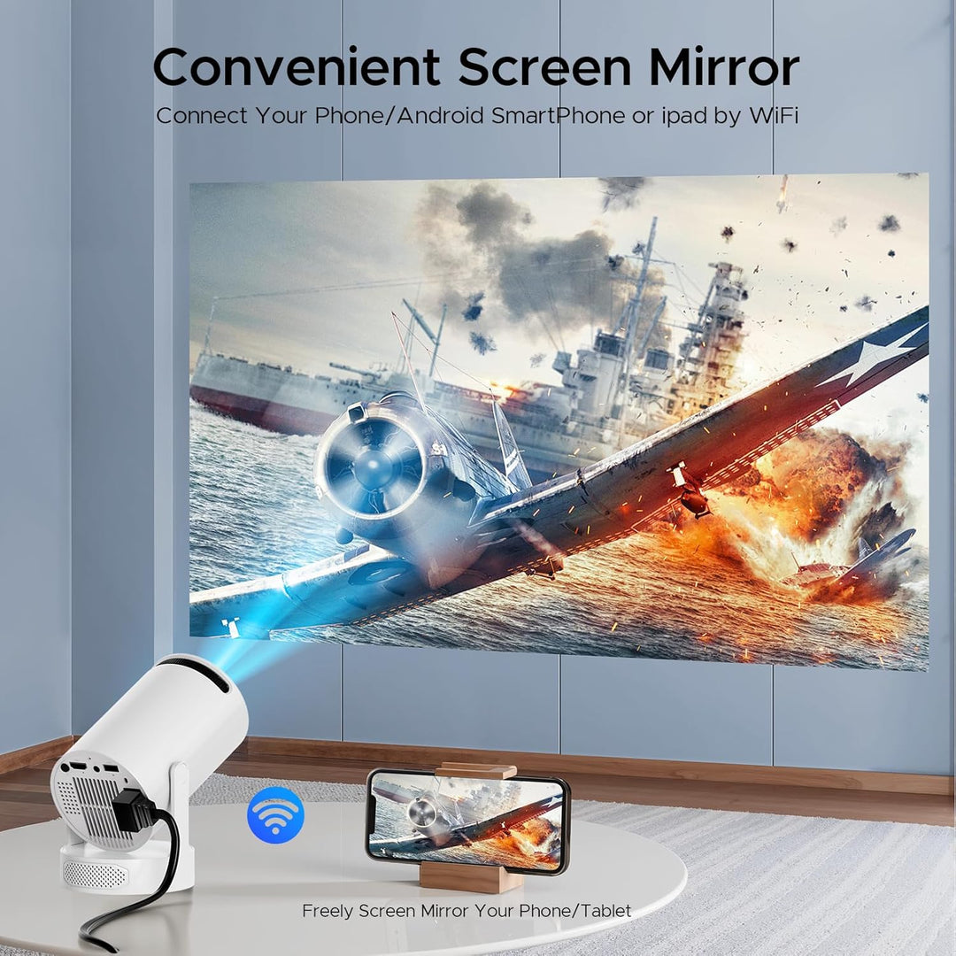 Mini Beamer mit Lautsprecher, Tragbarer Projector unterstützen 1080P 4K, Auto Keystone WiFi 6 Smart