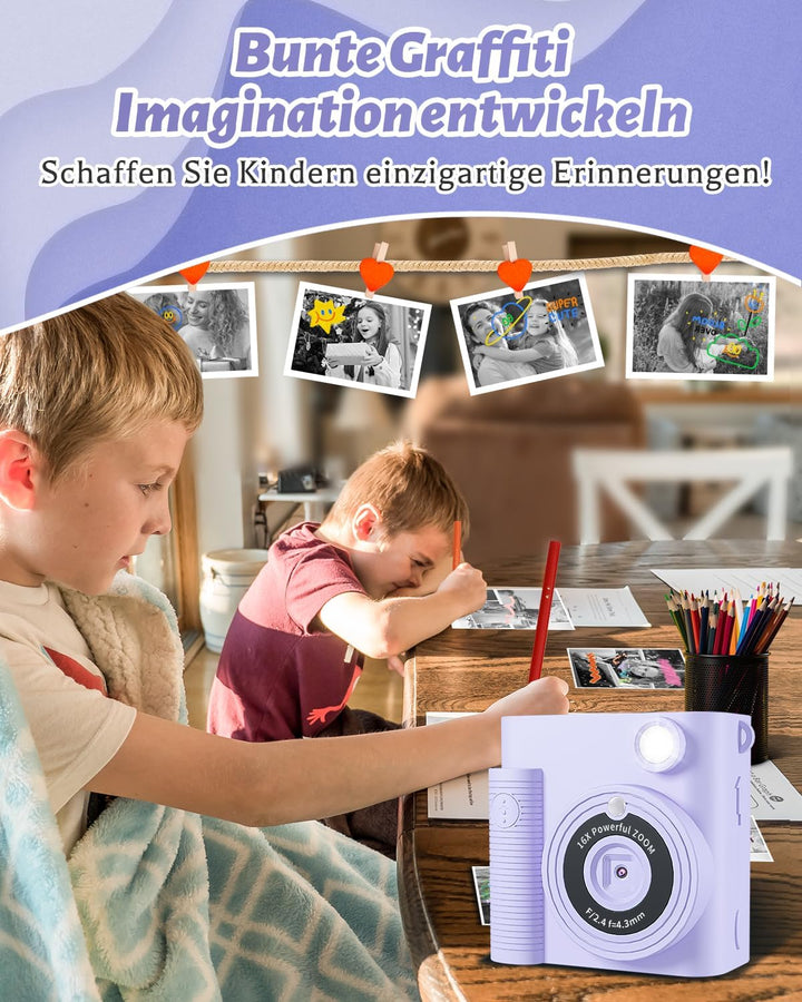 CKATE Kinder Fotokamera Sofortdruck, Kinder Kamera mit 2 Shutters, 1080P HD Sofortbildkamera 32G SD