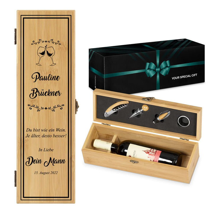 Maverton Weinbox für 0,7L Weinflasche - Wein Holzbox personalisiert + 4er Weinzubehör - Weinset Wein