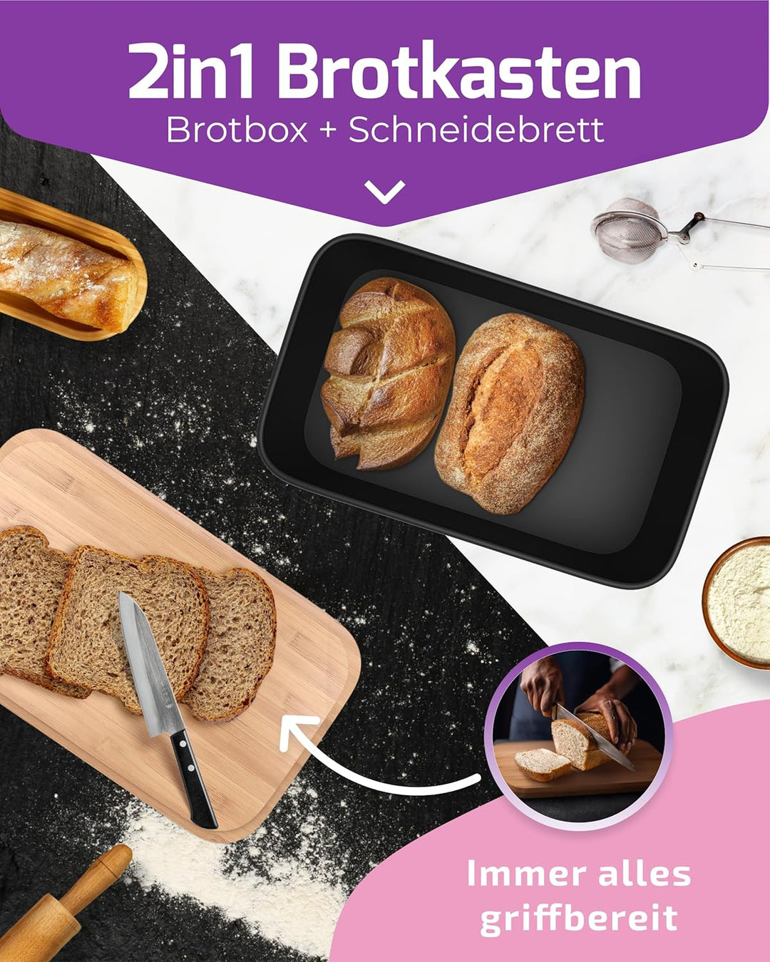 Brotkasten Schwarz – Brotbox mit Bambusdeckel als Schneidebrett [2in1 Brotbehälter]- inklusive grati