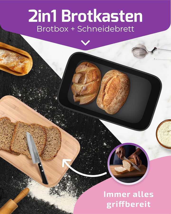 Brotkasten Schwarz – Brotbox mit Bambusdeckel als Schneidebrett [2in1 Brotbehälter]- inklusive grati