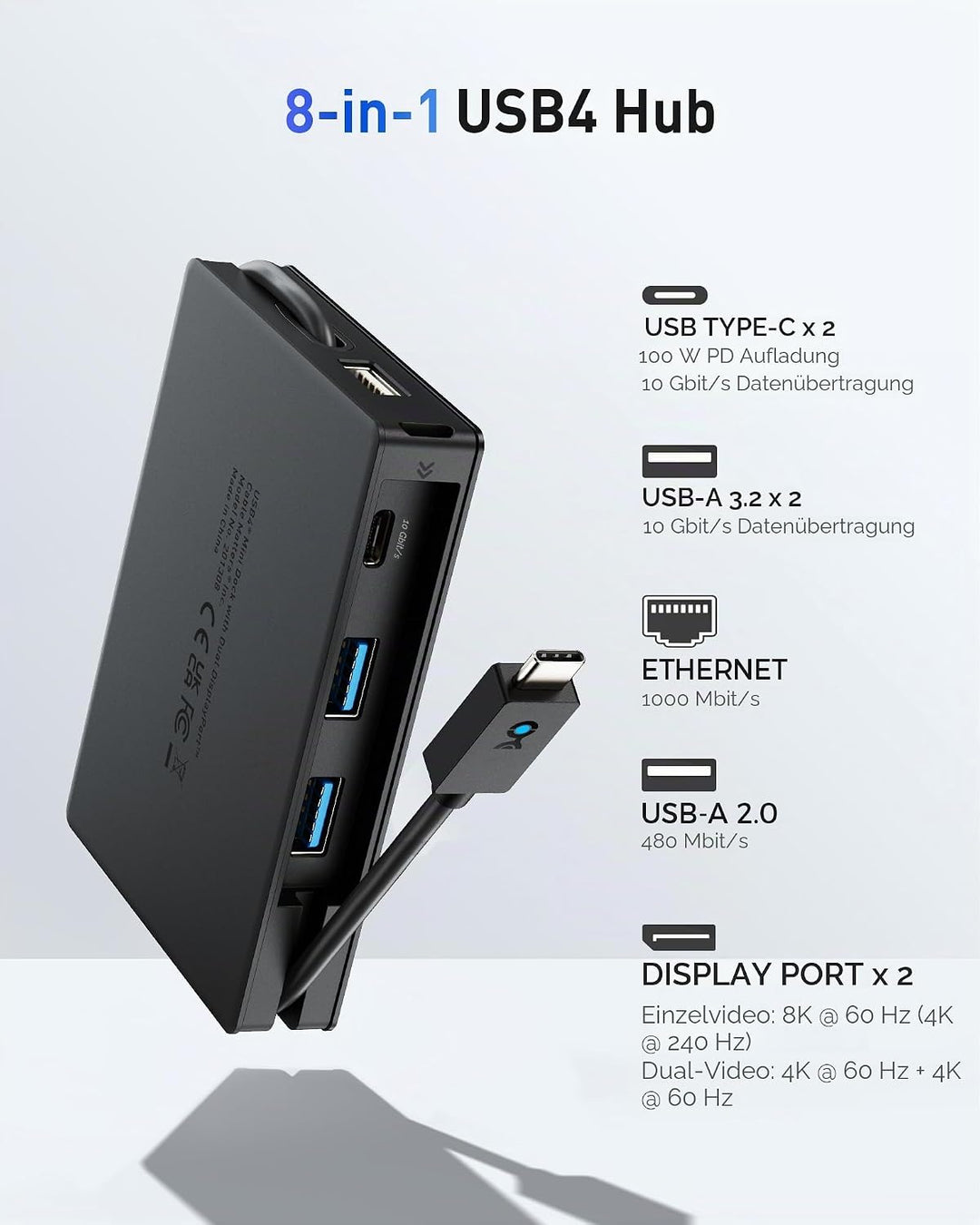 Cable Matters 8-in-1 portable 40Gbit/s USB4 Hub (USB 4 Dock) Dual-DisplayPort 4K@60Hz, Single-Displa