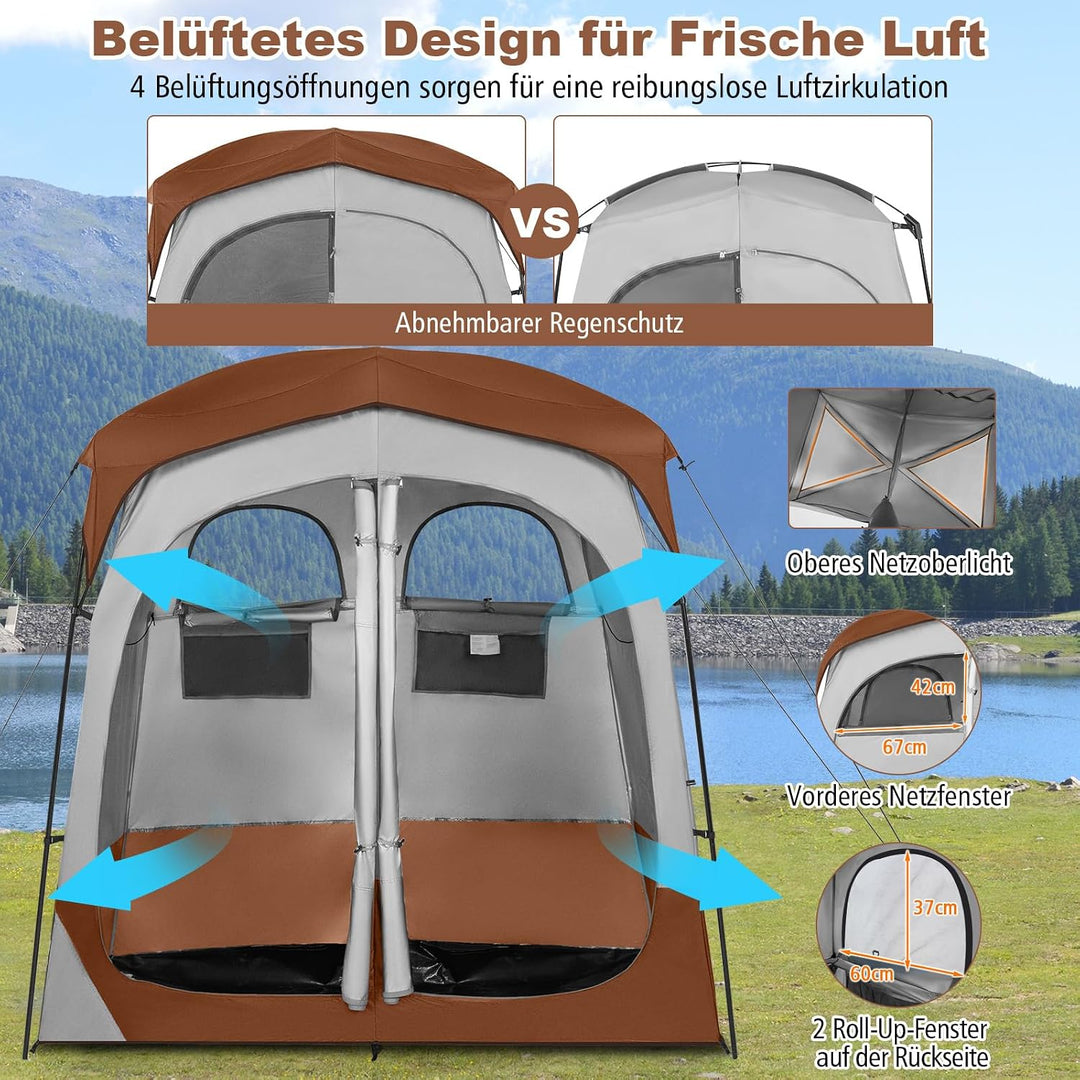 COSTWAY Duschzelt mit 2 Räumen, Umkleidezelt mit abnehmbarem Regenschutz, Innentasche, Wäscheleine &amp;