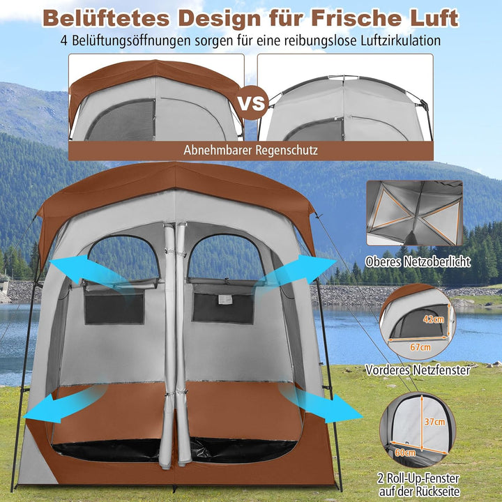 COSTWAY Duschzelt mit 2 Räumen, Umkleidezelt mit abnehmbarem Regenschutz, Innentasche, Wäscheleine &amp;