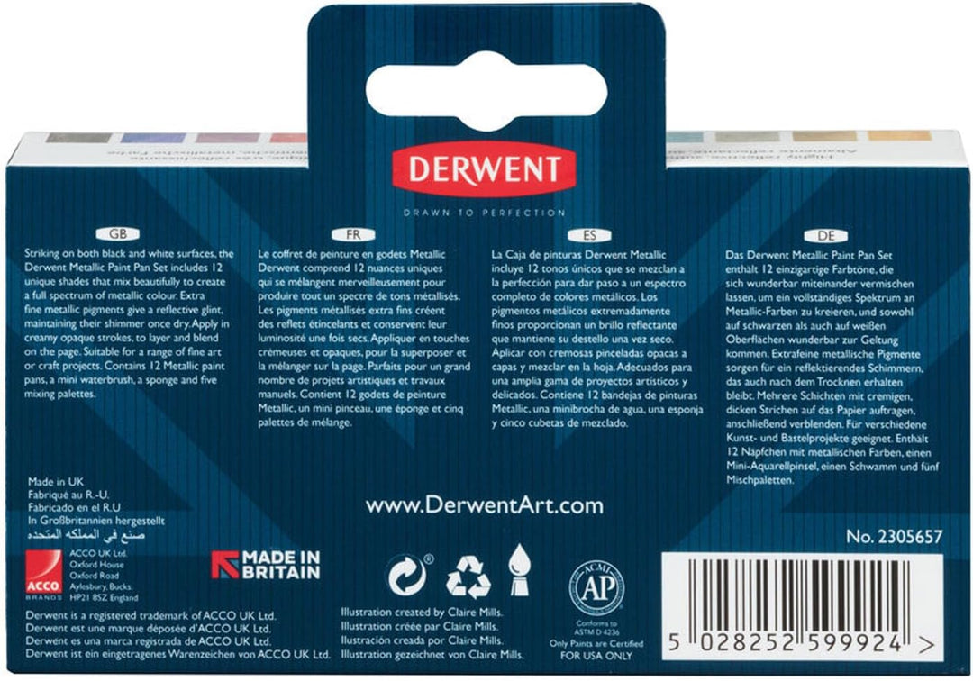 Derwent Inktense Metallic Paint Travel Set Palette, Tragbare Palette mit 12 Farben, Wassertankpinsel