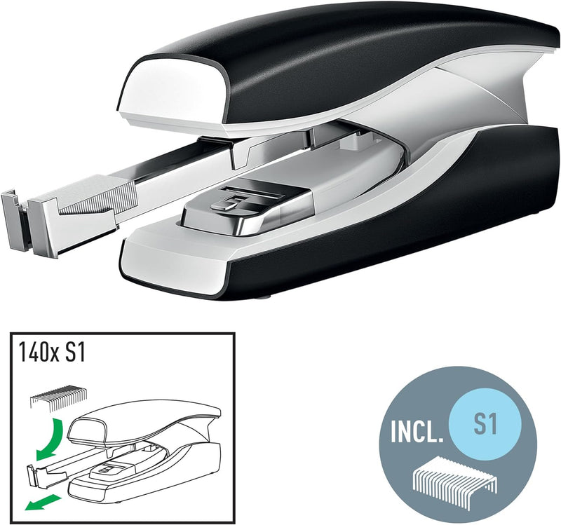 Leitz Softpress Flachheftgerät aus Metall, Für 30 Blatt, Ergonomische Form, Inkl. Heftklammern, Blau