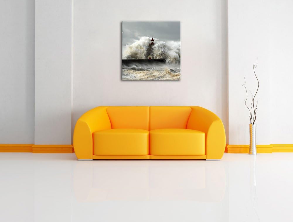 Leuchtturm im Sturm, Format: 70x70 auf Leinwand, XXL riesige Bilder fertig gerahmt mit Keilrahmen, K