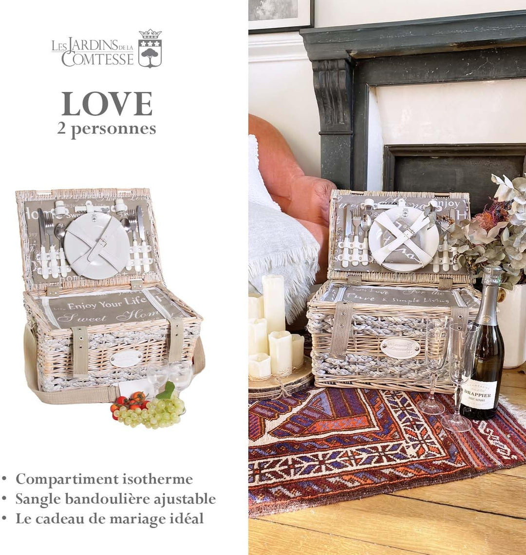 Les Jardins de la Comtesse - Picknickkorb Love aus Weide - Komplett Für 2 Personen - Kühlfach/Kerami