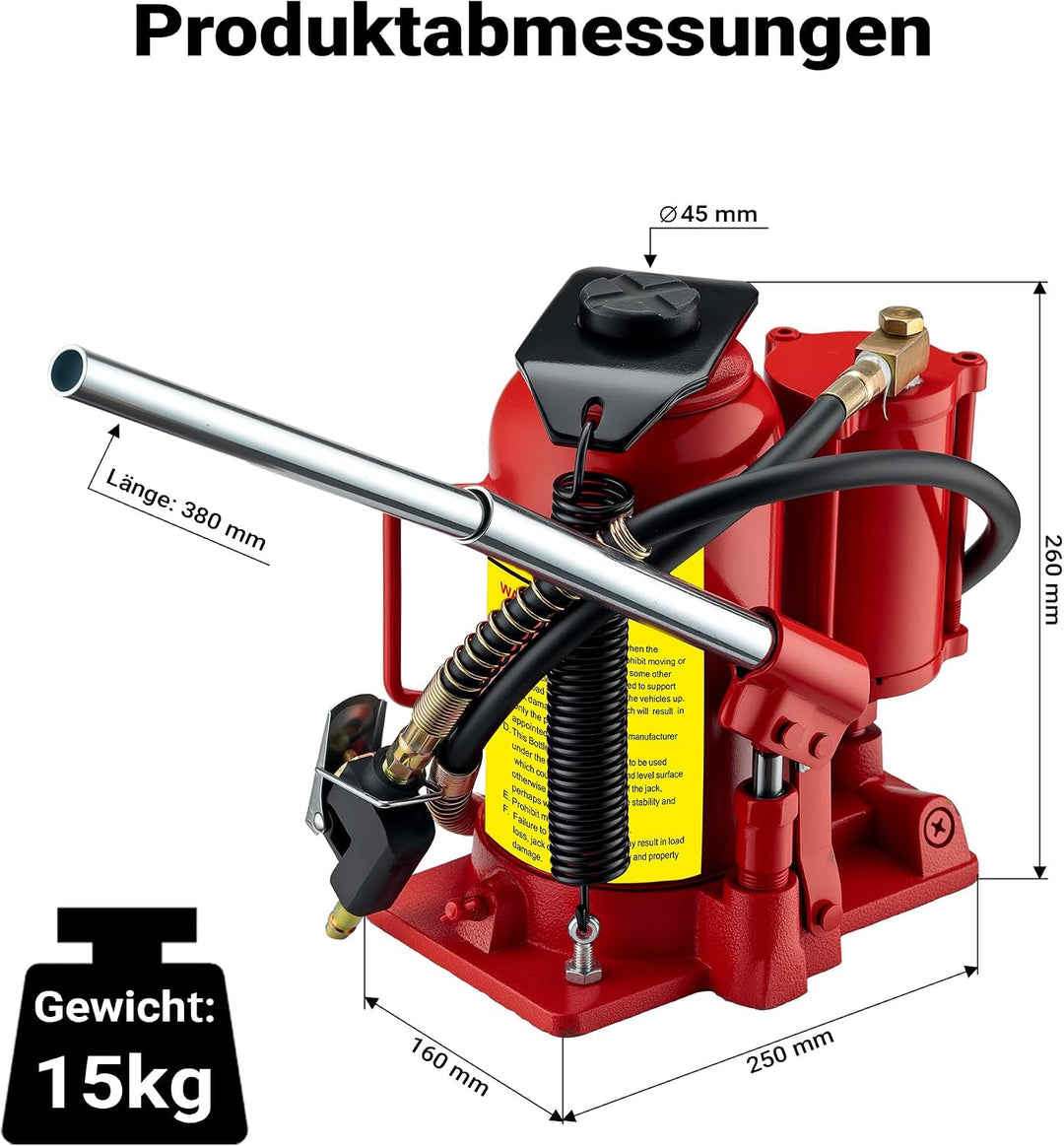 Hydraulischer Stempelwagenheber 20T, 260-510mm, pneumatisch & manuell, aus Stahl