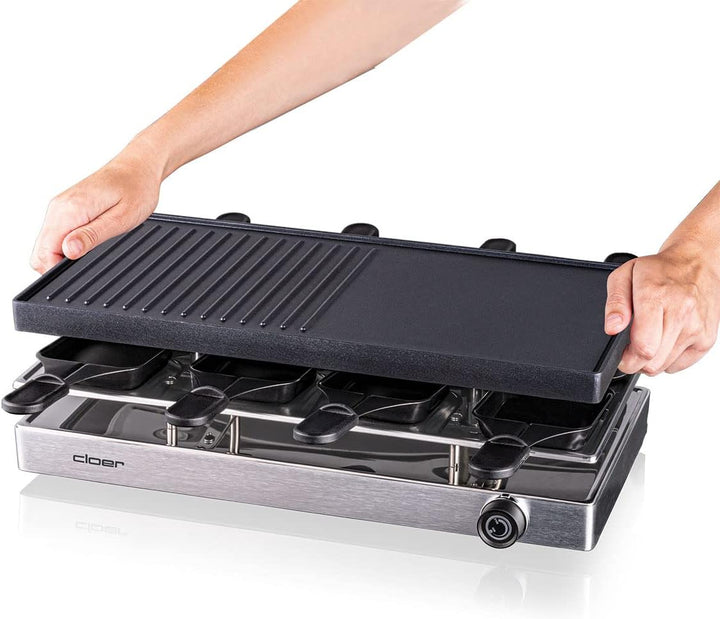 Cloer 6458 Raclettegrill mit Aluminium-Druckguss Platte, 1200 W, 8 antihaftbeschichtete Raclettepfän