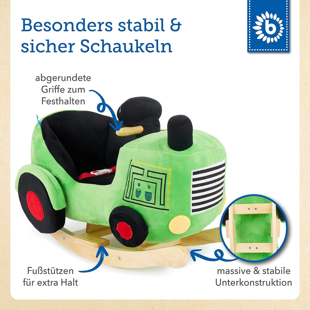 Bieco Plüsch Schaukeltier Traktor 60 cm | Kinder Schaukelstuhl mit Sicherheitsgurt | Baby Schaukel |