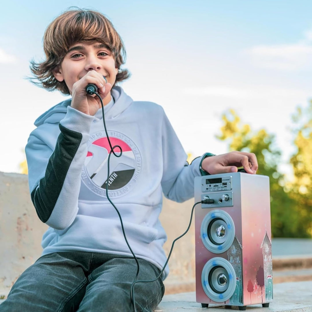 DYNASONIC Karaoke mit 2 Mikrofonen, tragbarer Karaoke-Maschine, Bluetooth-Lautsprecher, USB- und SD-