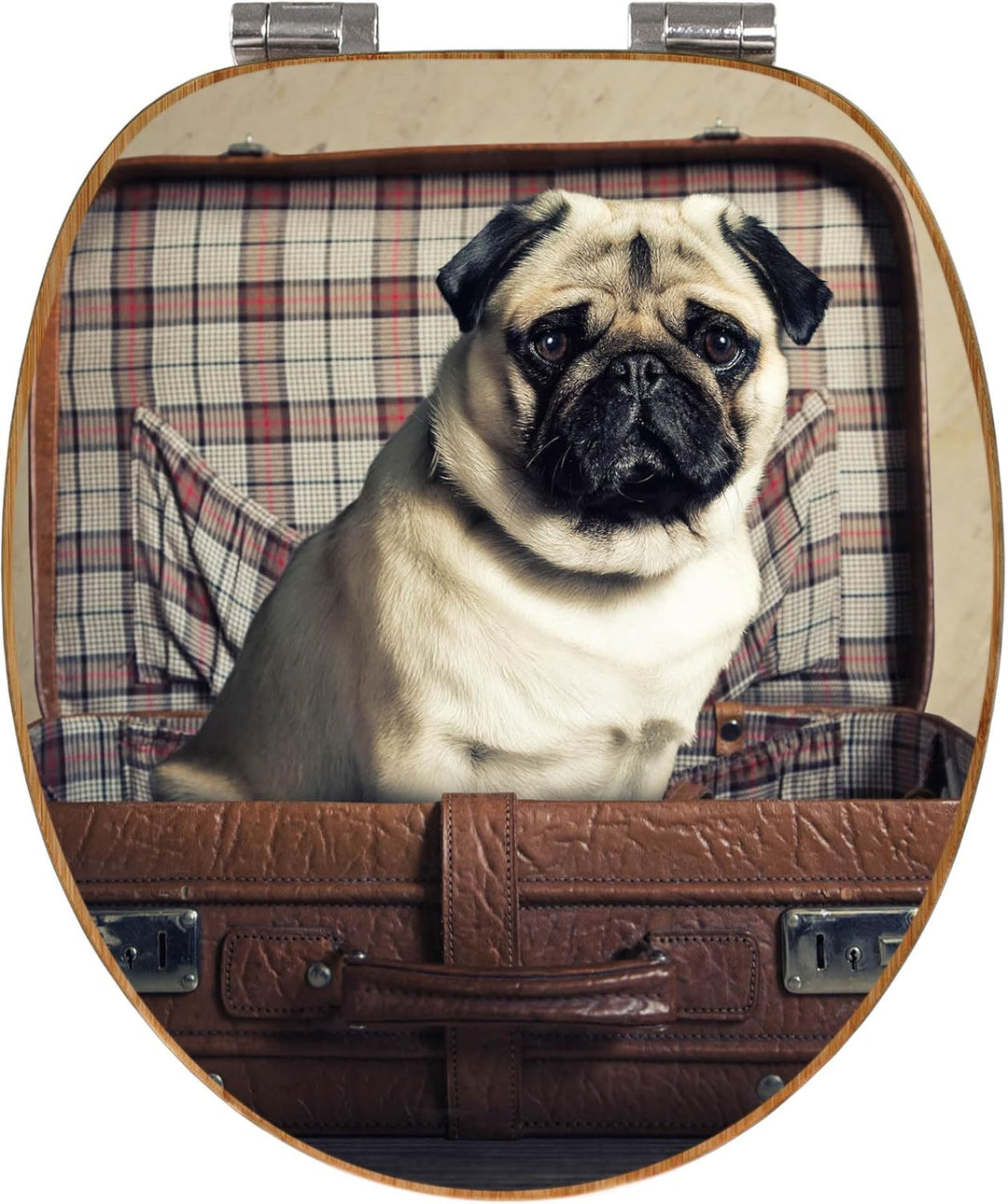 banjado® Design WC Sitz Bambus Absenkautomatik mit Motiv Mops im Koffer/Toilettendeckel mit Absenkau