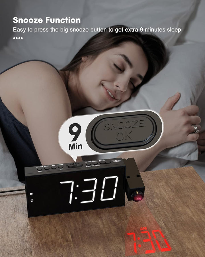 ROCAM Wecker mit Projektion für Schlafzimmer, LED Projektionswecker an der Decke mit USB Ladegerät,