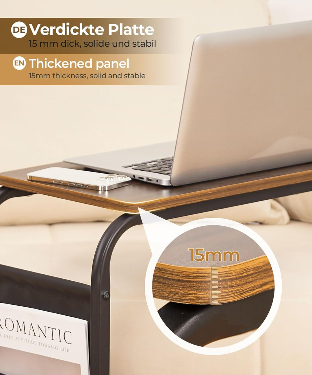 Yorbay Beistelltisch Holz Couch, Sofatisch mit Rollen und Aufbewahrungstasche, C Form Mobiler Kaffee