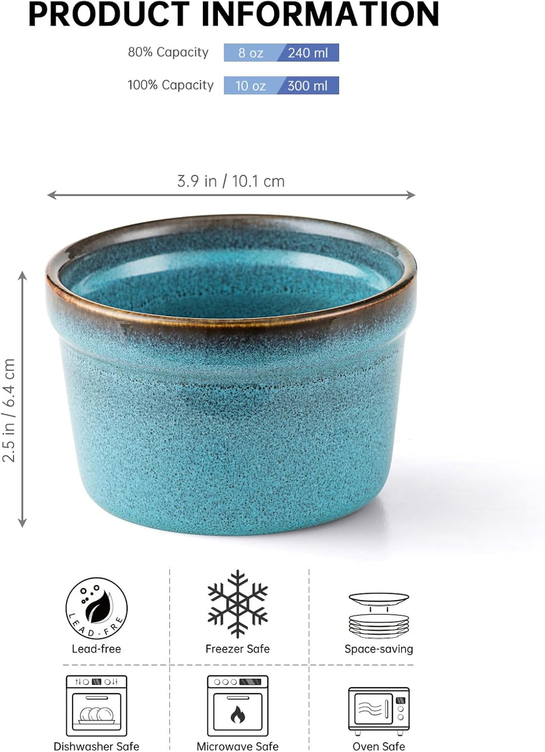 HENXFEN LEAD 4 Stück Soufflé Förmchen, 240mL Creme Brulee Schälchen Kleine Auflaufformen, Mini Aufla