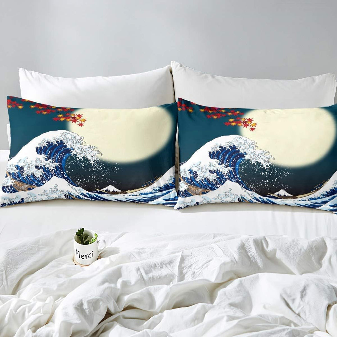 Loussiesd Japanisches Hokusai Muster Bett Set Exotisches Bettbezug Set im japanischen Stil Blue Wave