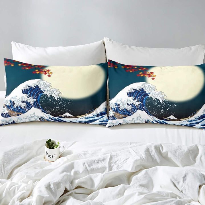 Loussiesd Japanisches Hokusai Muster Bett Set Exotisches Bettbezug Set im japanischen Stil Blue Wave
