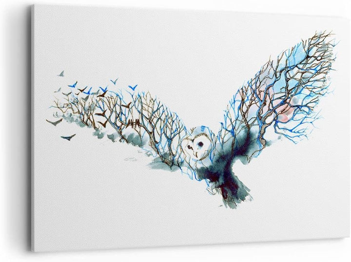 Bilder auf Leinwand 100x70cm Leinwandbild mit Rahmen Eule wild Wald Flug Gross Wanddeko Bild Schlafz