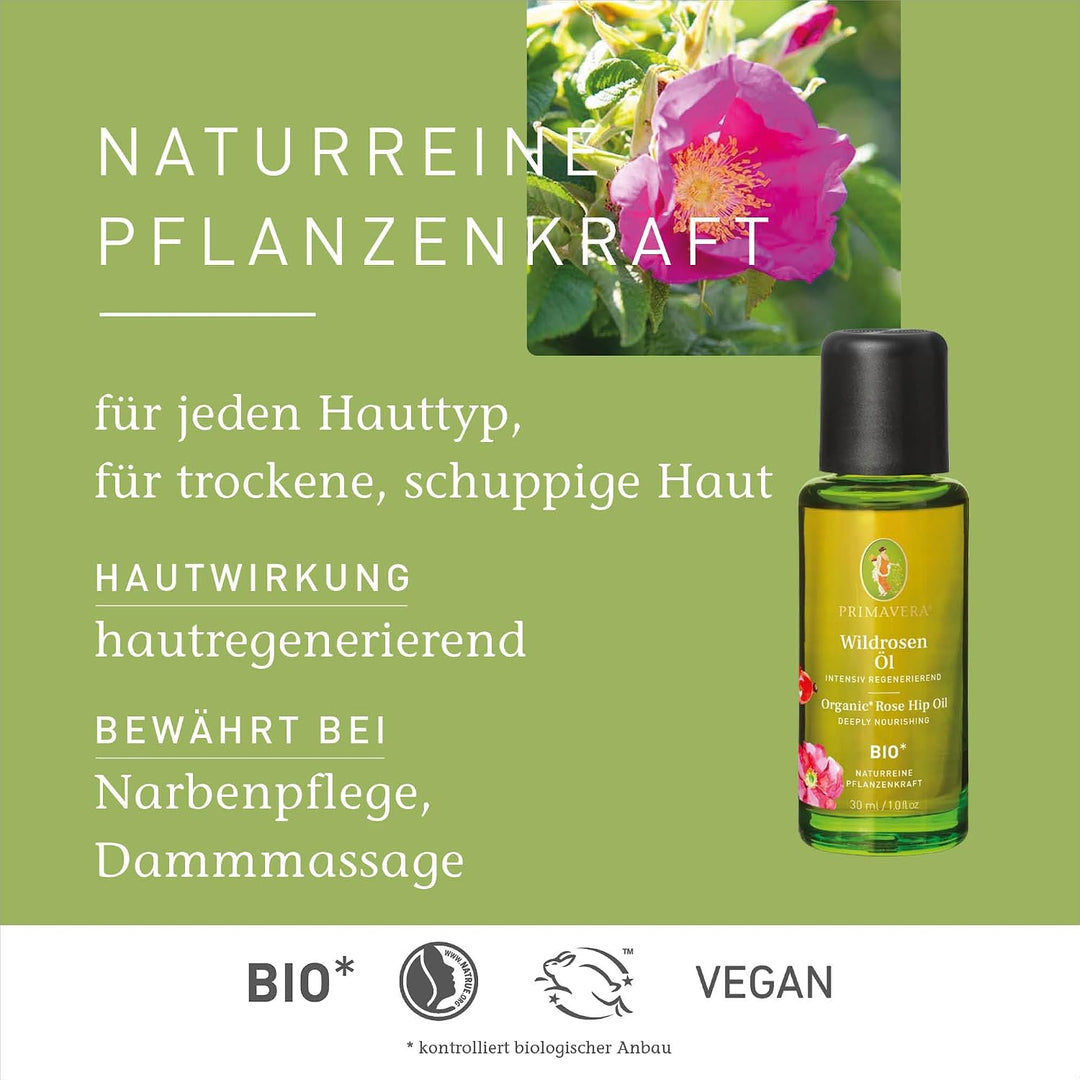 PRIMAVERA Pflegeöl Wildrosenöl bio 30 ml – naturreine Pflanzenkraft – Glasflasche – Aromaöl, Körperö